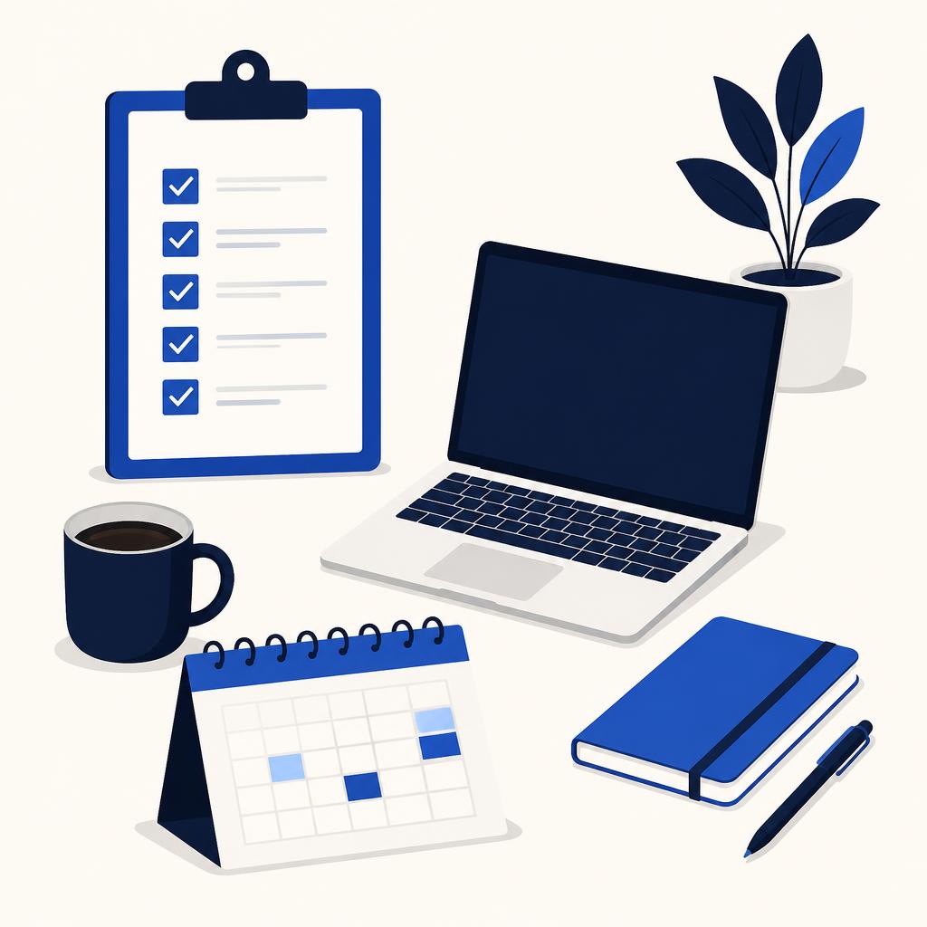 Organised workspace with checklist, laptop, planner and notebook